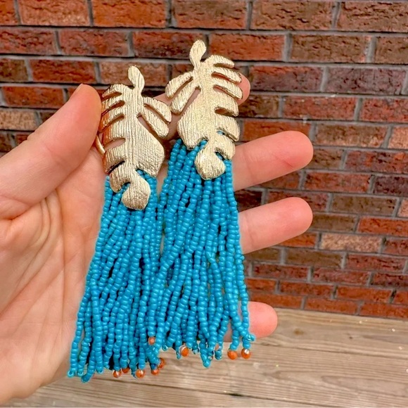 ZARA BLUE TROPICAL LEAF EARRINGS - Picture 4 of 4